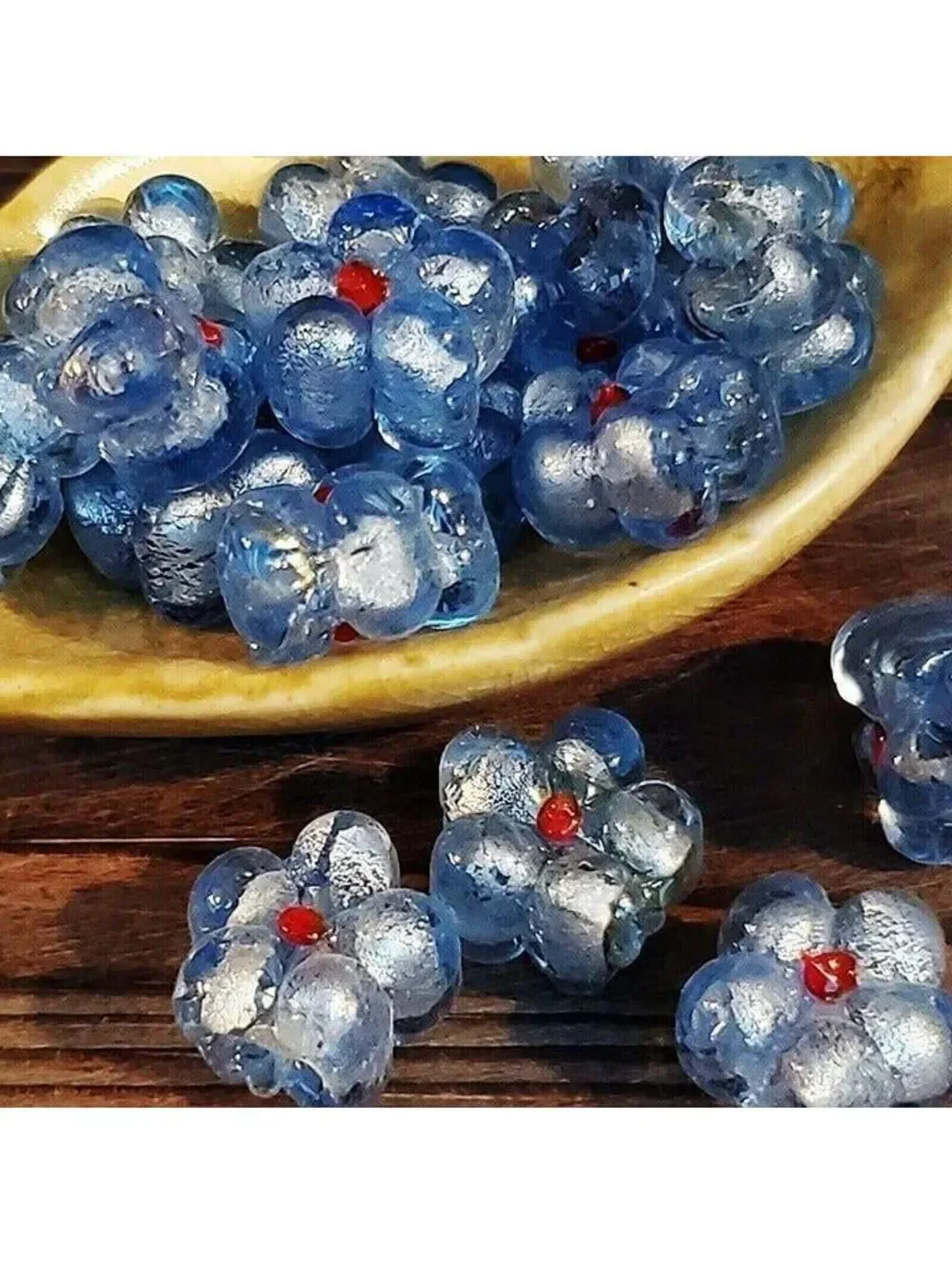 5 Vintage India Glass Icy Blue Flower Beads with Silver Foil